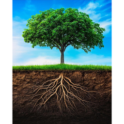 Arbre vert avec ses racines visibles en profondeur dans la terre, symbole d’ancrage, de force intérieure et d’équilibre naturel.